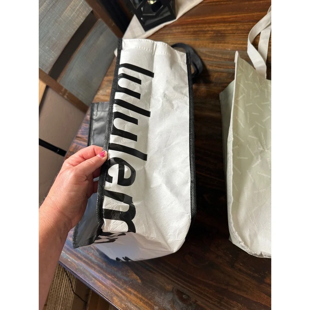 Lululemon Large Reusable Shopping Tote Bags Set of 2 Black White Cream with Logo